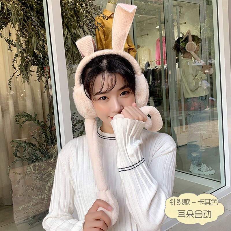 Protège-oreilles mobiles pliables avec oreille de lapin en hiver coupe-vent pour filles, protège-oreilles en peluche tricoté, oreilles de lapin poilu: Knitted kahki