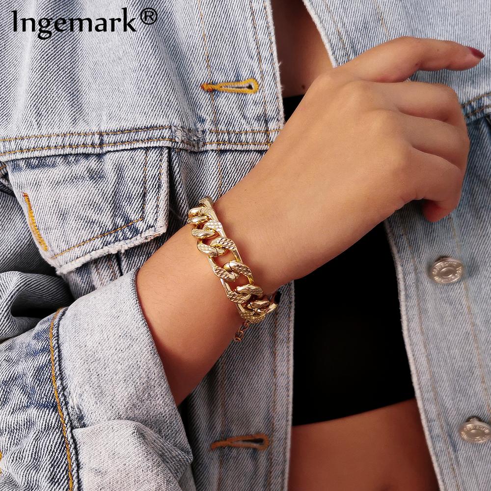 Punk Miami Kubanischen Aluminium Kette Armband Armreif Hip Hop Boho Big Chunky Dick Link Lock Twisted Frauen Hand Handgelenk Schmuck