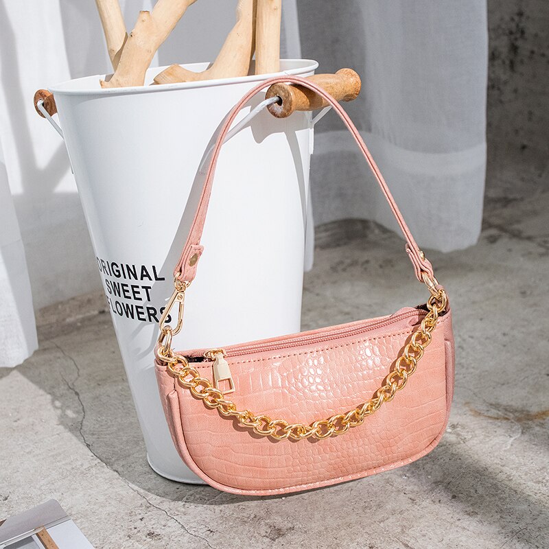 Stijlvolle schoudertas voor dames, schelpvormig, effen kleur, krokodillenpatroon, ketting, wild, messengertas voor dagelijks winkelen