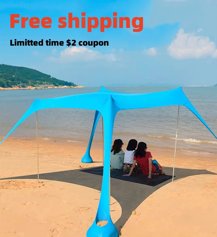 Auvent de plage coupe-vent, tente de plage extérieure, 4 pôles, grand abri solaire, tentes de Camping, parapluie de plage pliant coupe-vent