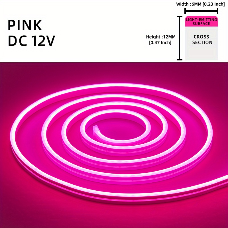 1 Roll 12V 196.85in/5M LED Flexible Silicone Neon Light, Outdoor LED Strip Lights Waterproof, 2835 12-bead Neon Light, 12V 6*12: pink