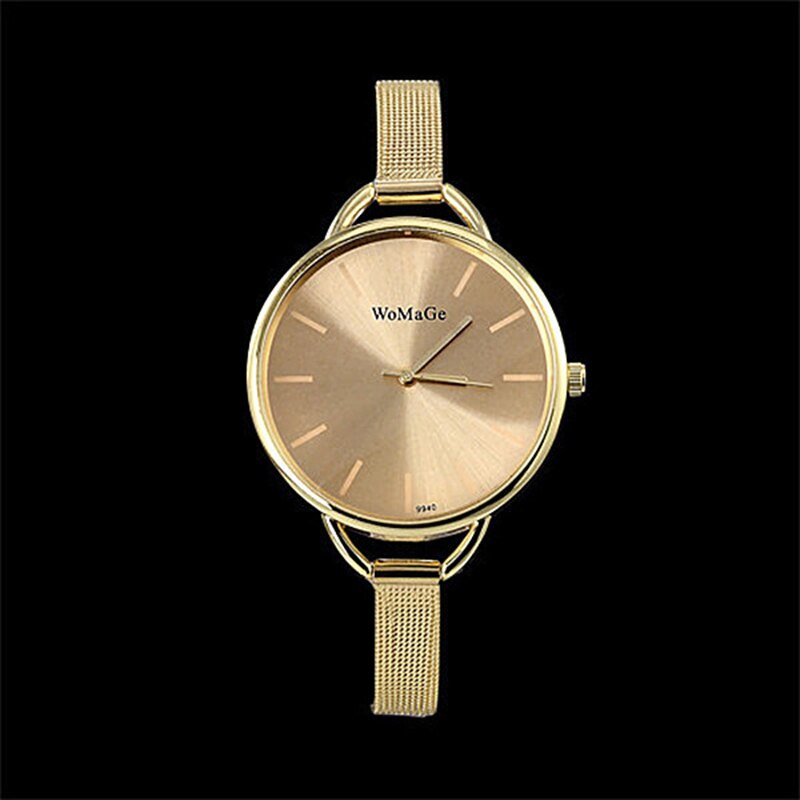 Luxe Gouden Vrouwen Jurk Horloges Womage Dames Ultra Slim Roestvrij Steele Mesh Mini Armband Quartz Horloge