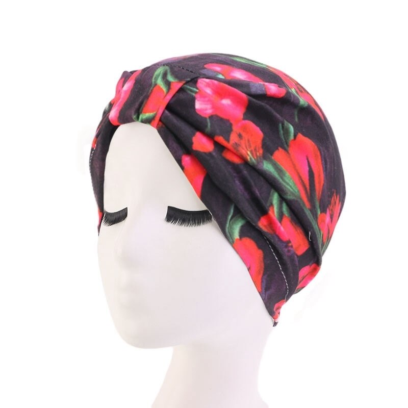 Moslim hoofddeksel tulband bedrukte katoenen hoofdband pet elastische knoop dames chemotherapie hoed afrikaanse kap verlies haarbedekking: Saffloer op zwart