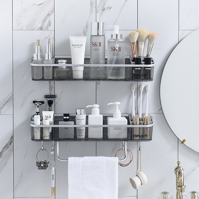 ONEUP Drainable Bathroom Shelf Cosmetic Towel Storage Rack With Hooks Wall Shower Corner Shelf Organizer Bathroom Accessories: Long section 2PCS