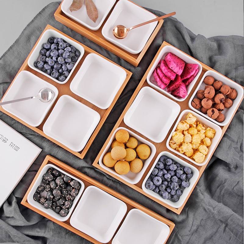Plato de caja de cerámica rectangular japonés de bambú para postre y fruta seca plato de caja múltiple bandeja de para golosinas y aperitivos secos bandeja para postres y té