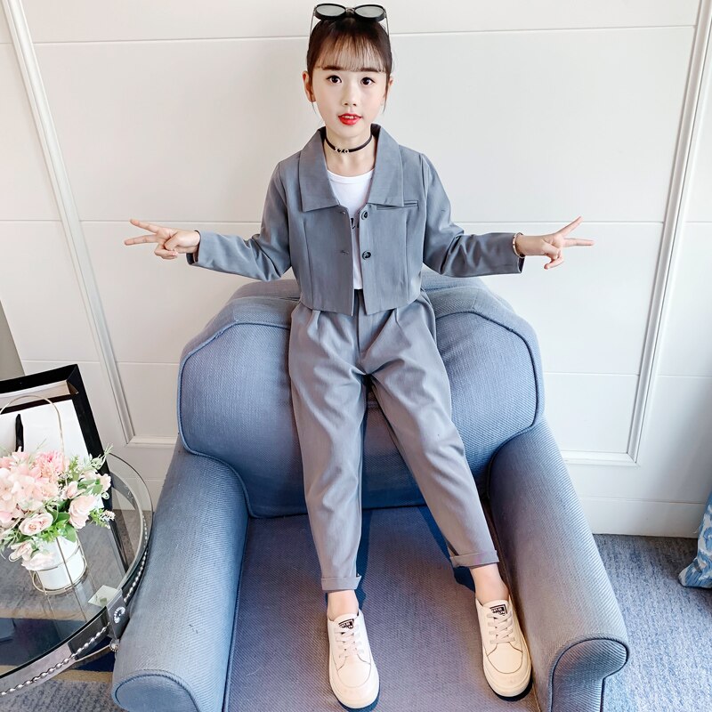 Kids Suit for Girls Formal Pant Suits for Teenagers 2PCS Blazer Set Brand Plaid Children Blazer 4 5 7 9 11 13T Wedding