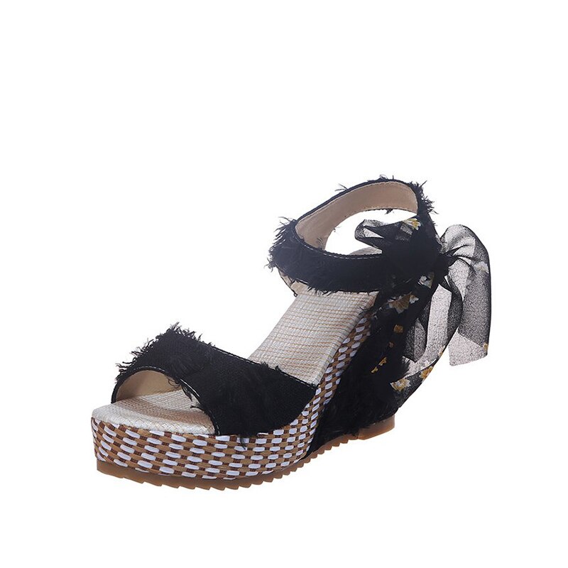 Damen Keil Offene spitze Kurze Plüsch Sandalen Sommer Schuhe Neue Frau Gemischt Farbe Knöchel Gurt Plattform Schuh Weibliche Sandale: Schwarz / 6,5