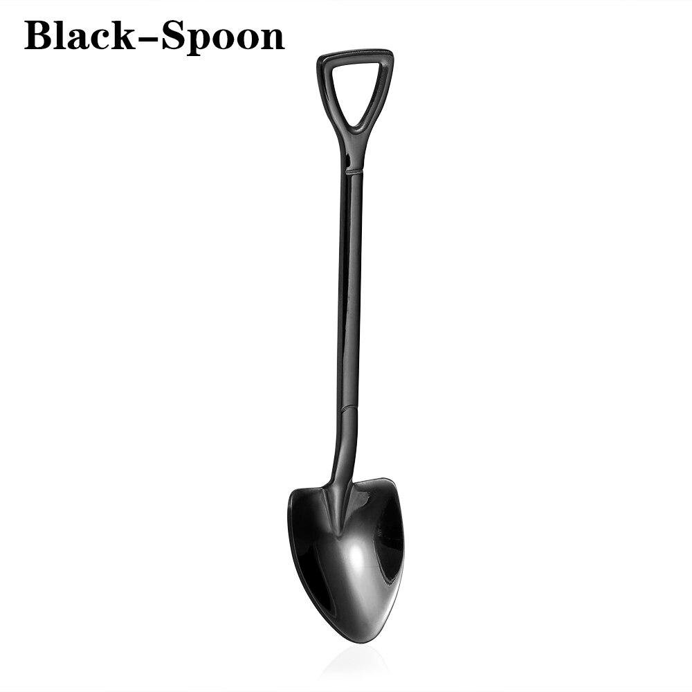 Shovel Shape Spoon Fork Long Handle Multi-color Soup Coffee Ice Cream Tea Spoon Stainless Steel 12.2*2.2cm For Home Kitchen Kids: Black-Spoon
