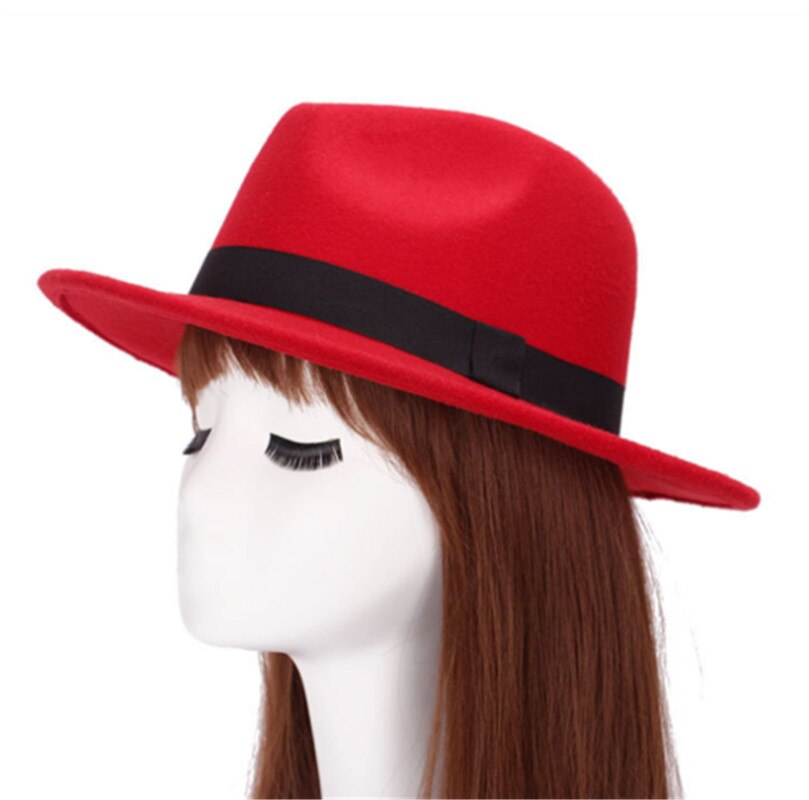 Unisex Wool Felt Fedora Hat Classic Men Gentleman Wide Brim Fedoras Jazz Cap: Red