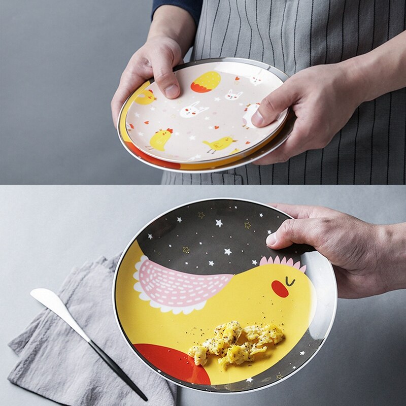 2pcs Ceramic Dinner Plate Cartoon Chicken Dinner Dishes Pasta Steak Dessert Plates Fine Bone China Kitchenware (21.6/18.2cm)
