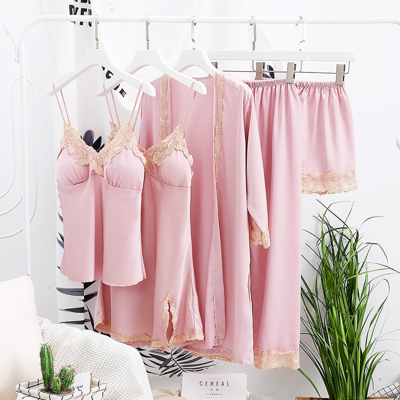 Kvinder satin nattøj 5 stykker pyjamas sexet blonde pyjamas sove lounge pyjamas silke nat hjemmetøj pyjamas jakkesæt