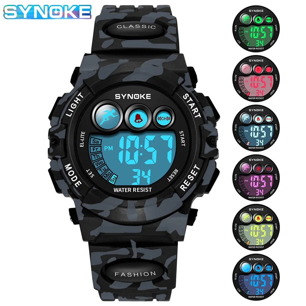SYNOKE Student Sporthorloges voor kinderen Kleurrijke elektronische horloges 50M waterdichte klok Kinderen digitaal horloge voor jongens meisjes: Black