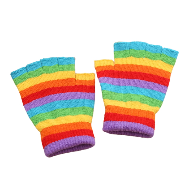 Unisex Half Finger Gloves Rainbow Colored Winter Stretchy Knit Fingerless Typing Gloves for Office School Students