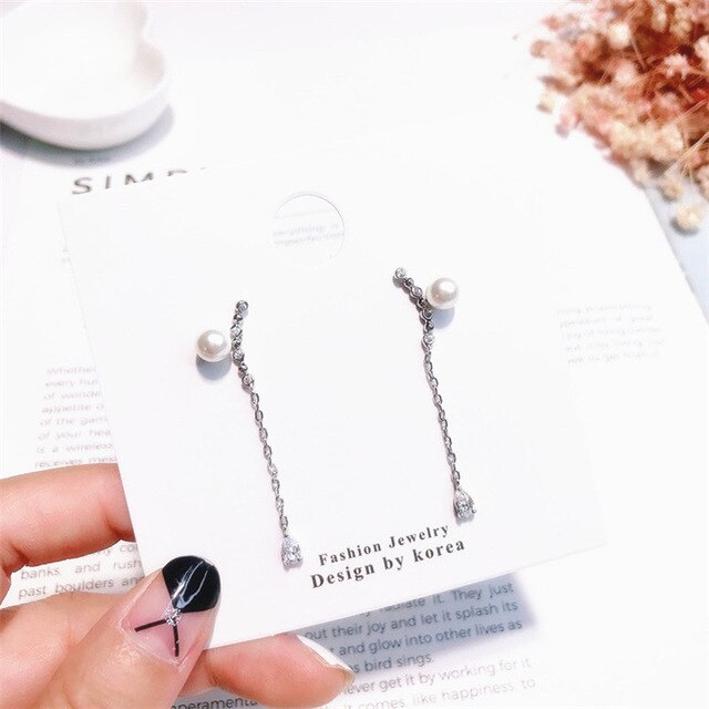 Women Korean TV Star Zircon Cute Simulation Pearl Earrings Rhinestone Long Line Pendientes Jewelry: I silver color