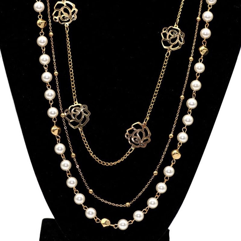 Vrouwen Rhinestone Multi Layer Lange Ketting Imitatie Parels Trui Ketting Kettingen Sieraden K2