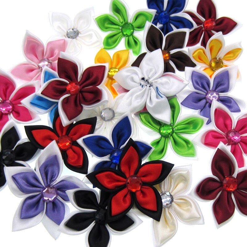 20 Stücke Satin- Blumen Strass Sternförmigen 2 Schichten Applikationen Nähen Haar Bogen Zubehör Handwerk Dekorationen 5,0 cm: zufällig Mischen