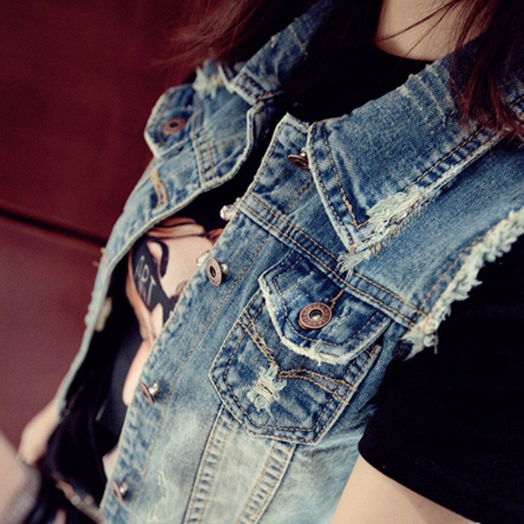Quge Giacca Jeans Donna Slim Fit Gilet Senza Maniche Giubbotto Giubbino