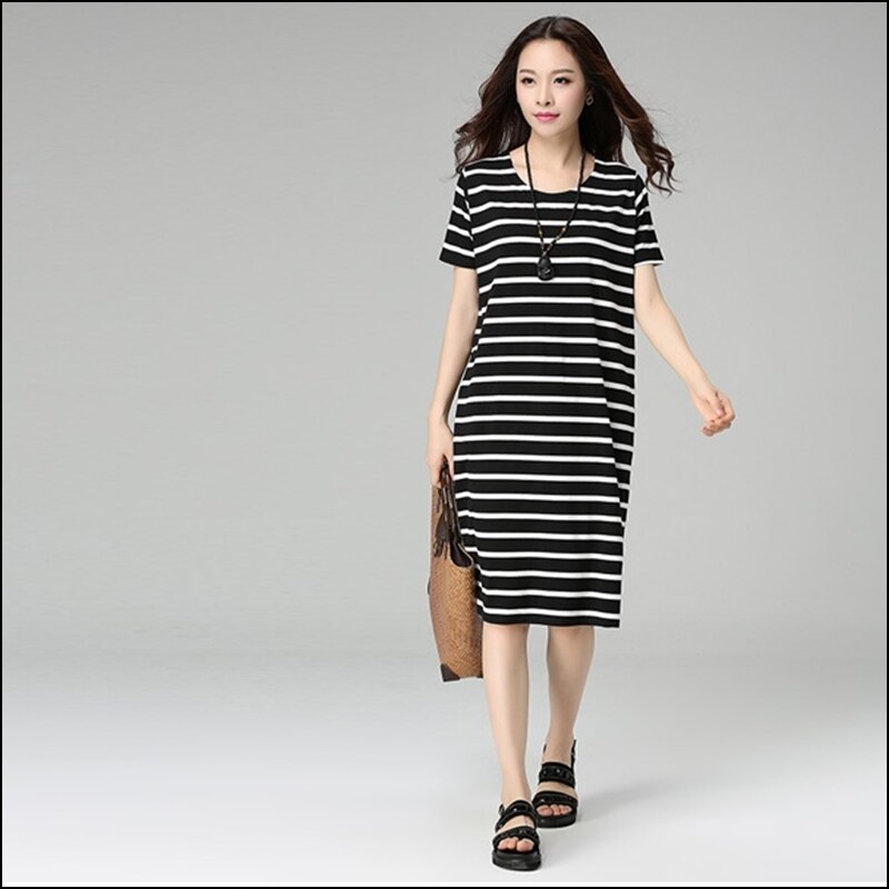 Korean Version Knitted Fat Plus-size Women's Summer Fat MM Stripes Long Thin Cotton ZZ011 S