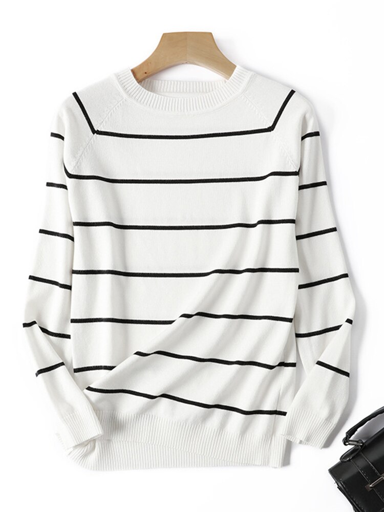 Syksy talvi raidalliset neulotut villapaidat neuleet pitkähihainen korealainen löysä pusero pehmeä lämmin neulepusero femme 2022: Valkoinen raidallinen