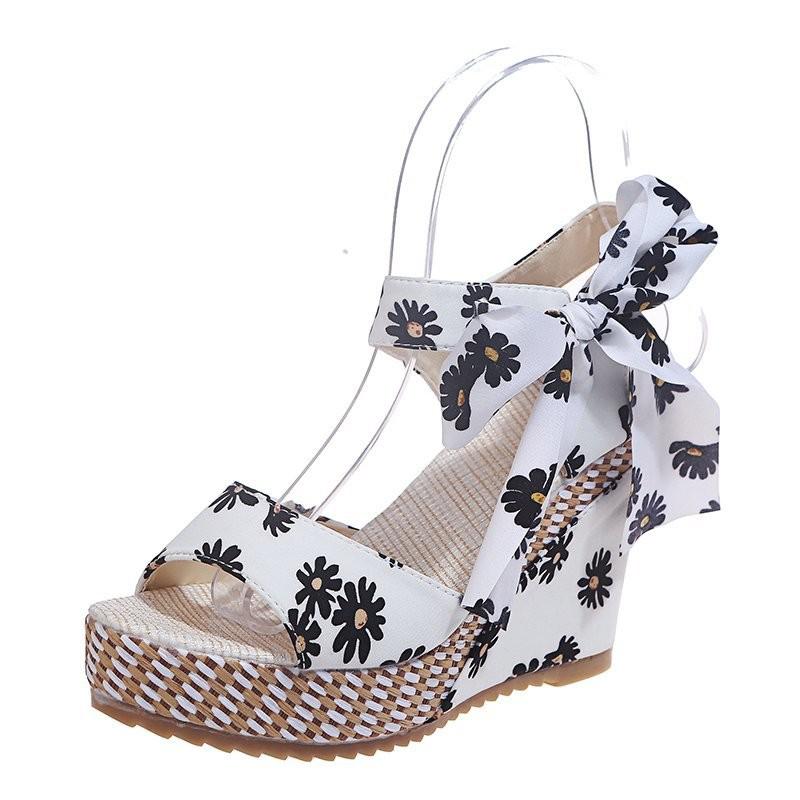 Chaussures d'été pour femmes, plate-forme à nœud papillon Floral, talons hauts, sangle de cheville bohème, chaussures à bout ouvert: White / 38