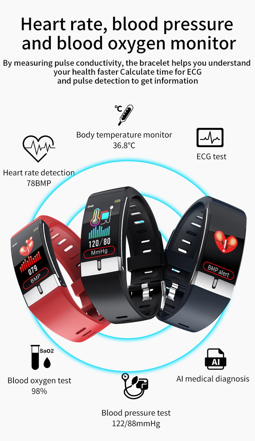 Smart klocka herr  e66 kroppstemperatur ecg ppg vattentätt sportarmband blodsyre puls smartklocka för ios android