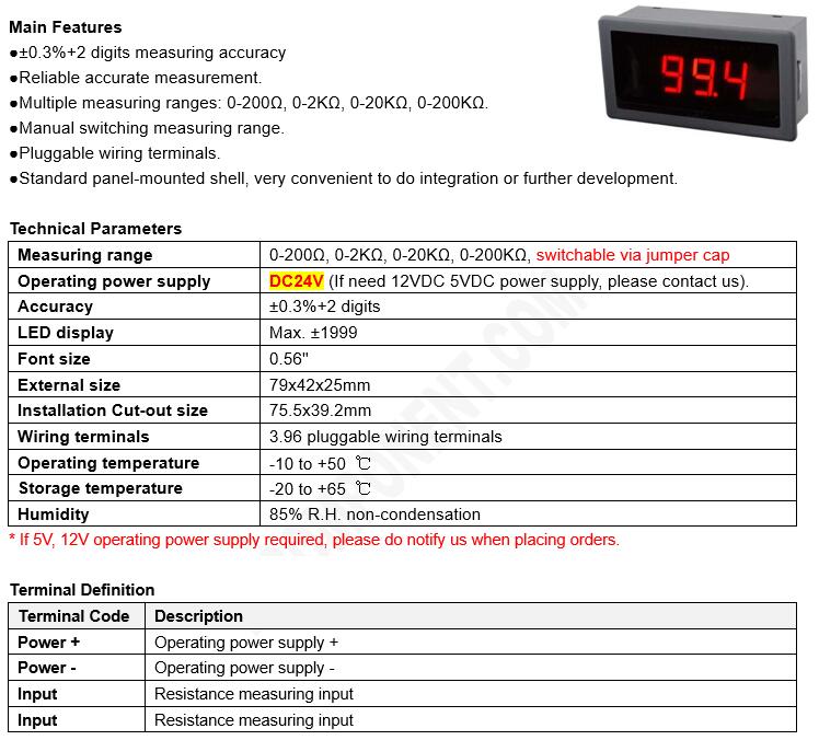 0-200Ohm Resistance Meter 2K 20K 200K Measuring Ohm Meter Impedanc Tester Panel-mount Resistance Indicator 24VDC Power