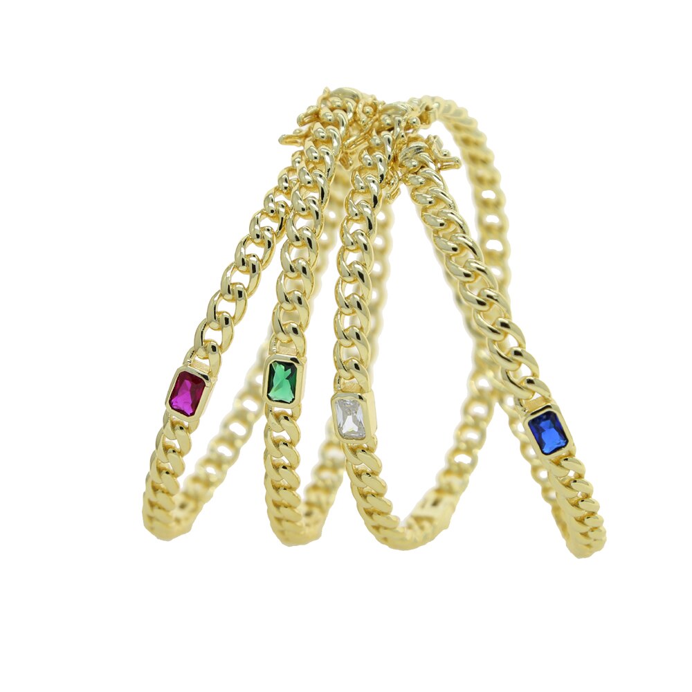Gold-colored cuban link chain band bangle bracelet with colorful rectangles, czech-style european women's jewelry