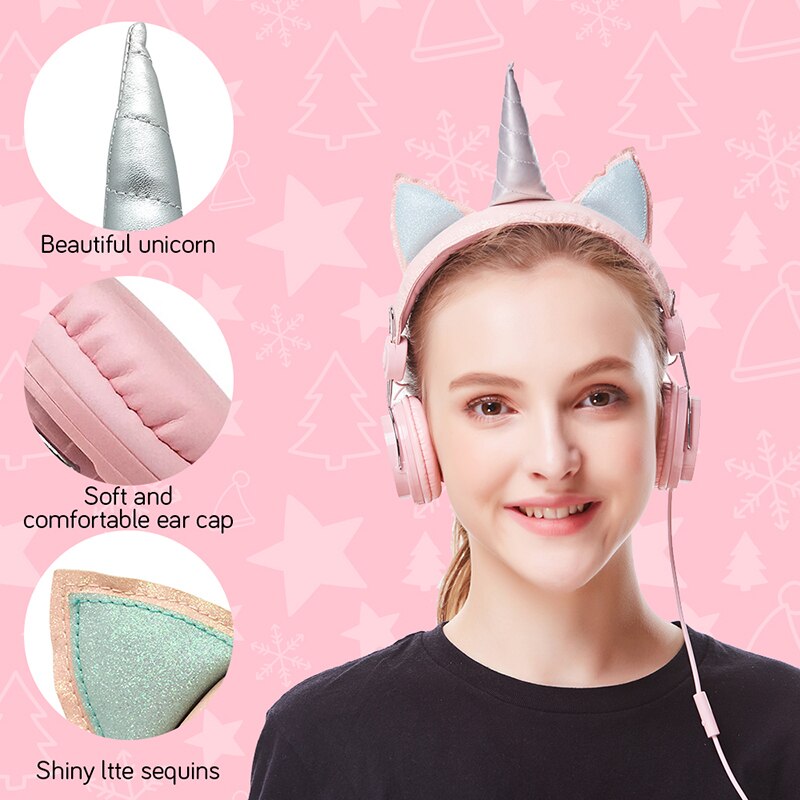 Cute Kids Headphones With Microphone Unicorn Wired Cascos Mobile Phone Gamer Headset Girl Music Helmet with Bracelet