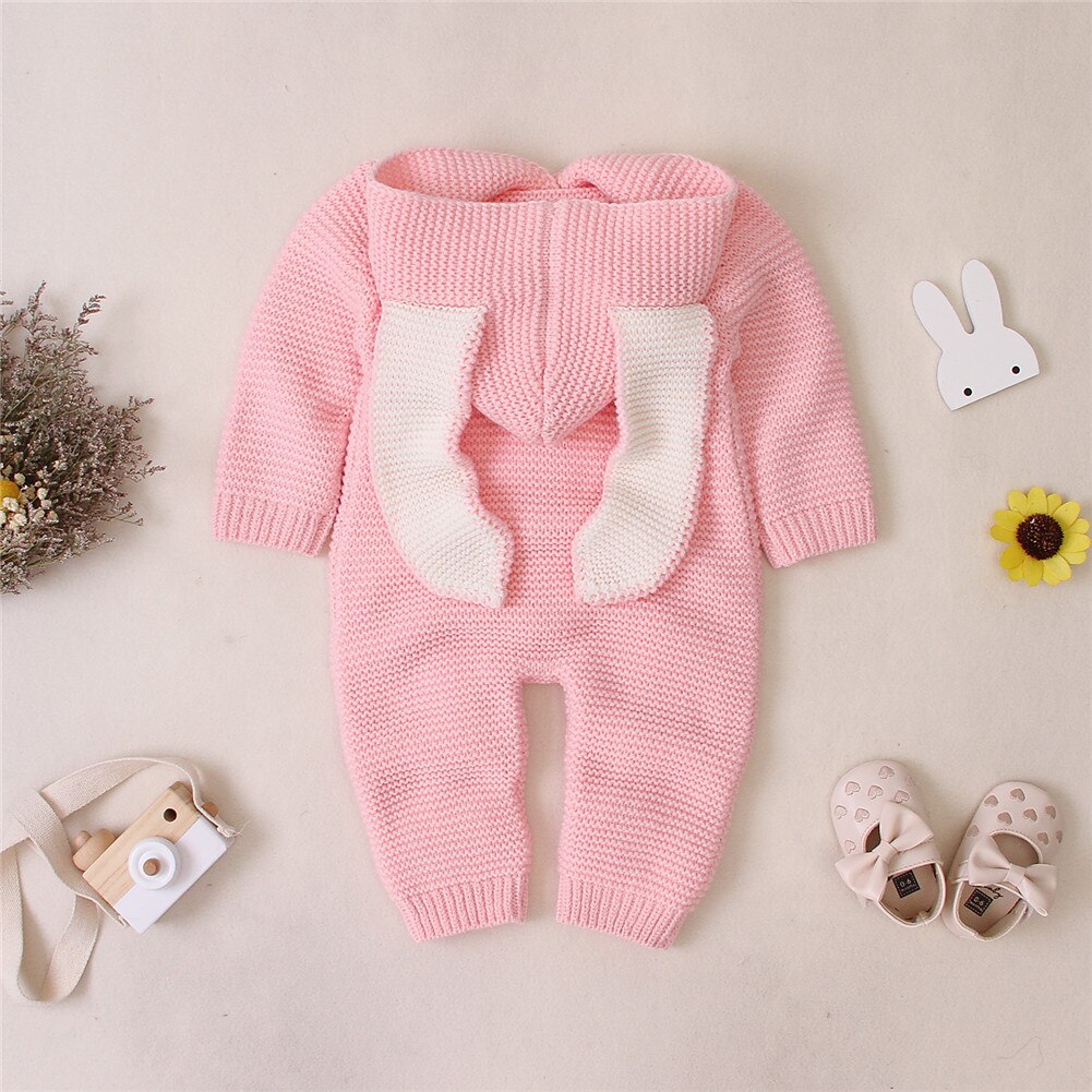 0-24M Herfst Winter Baby Kids Meisjes Jongens Rompertjes Knit Solid Lange Mouwen 3D Oren Hooded Jumpsuits Kleding