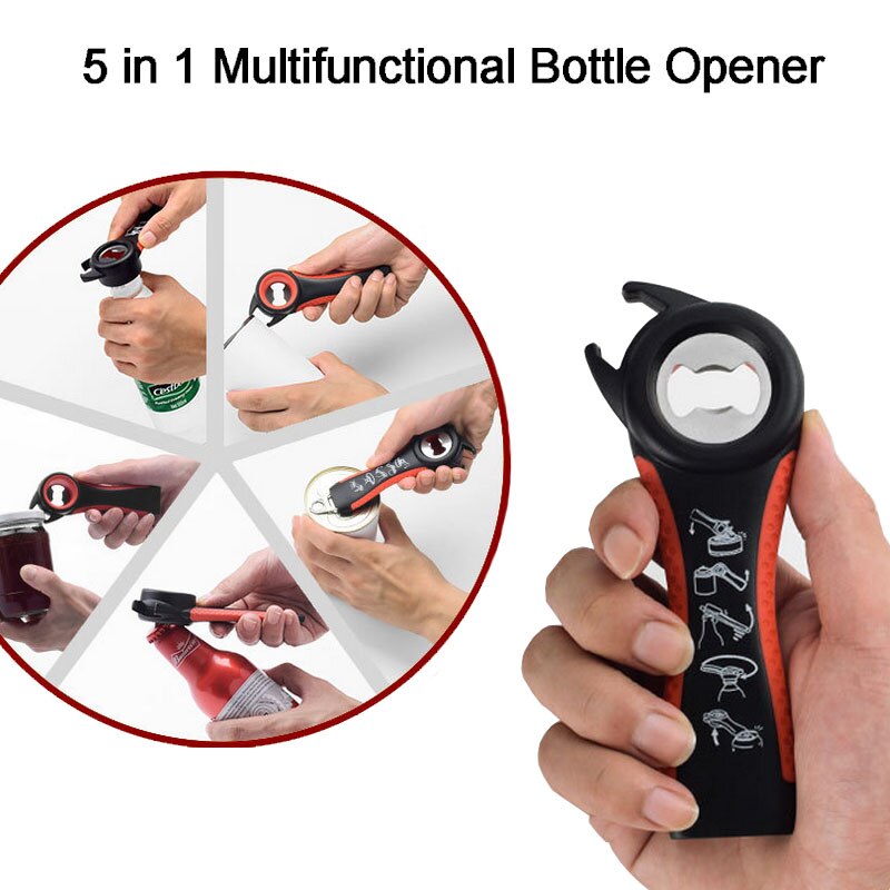 5 in 1 multifunctionele flesopener met draaimechanisme, roestvrijstalen potopener, blikopener voor wijn en bier, deksel met draaimechanisme voor potten en potten, keukengereedschap