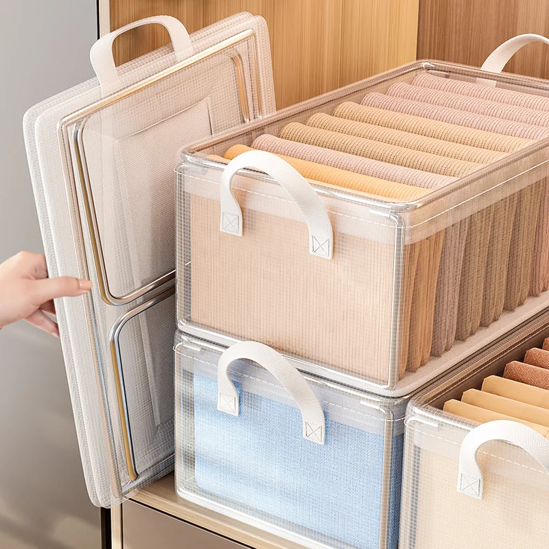 PVC Transparenter Aufbewahrungskorb für Kleidung Unterwäsche Aufbewahrungsbox Edelstahlrahmen Kleiderschrank Organizer Wasserdichte Stoffbox