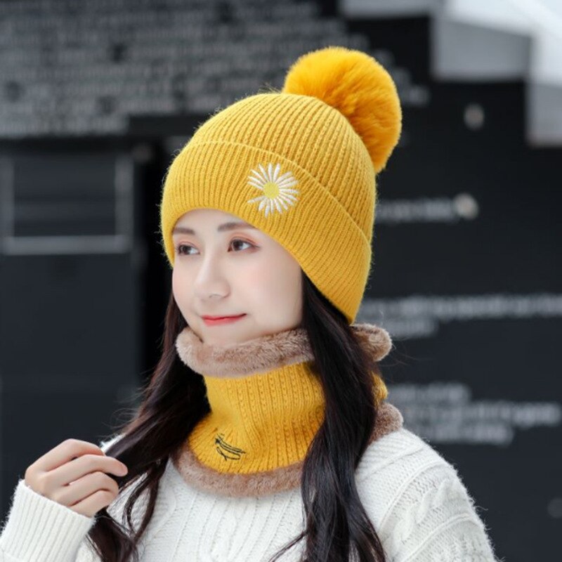 Autumn Winter daisy flower embroidery Women Hat Scart Set plus velvet thick woolen hat knitted hat Female Beanie Scarf