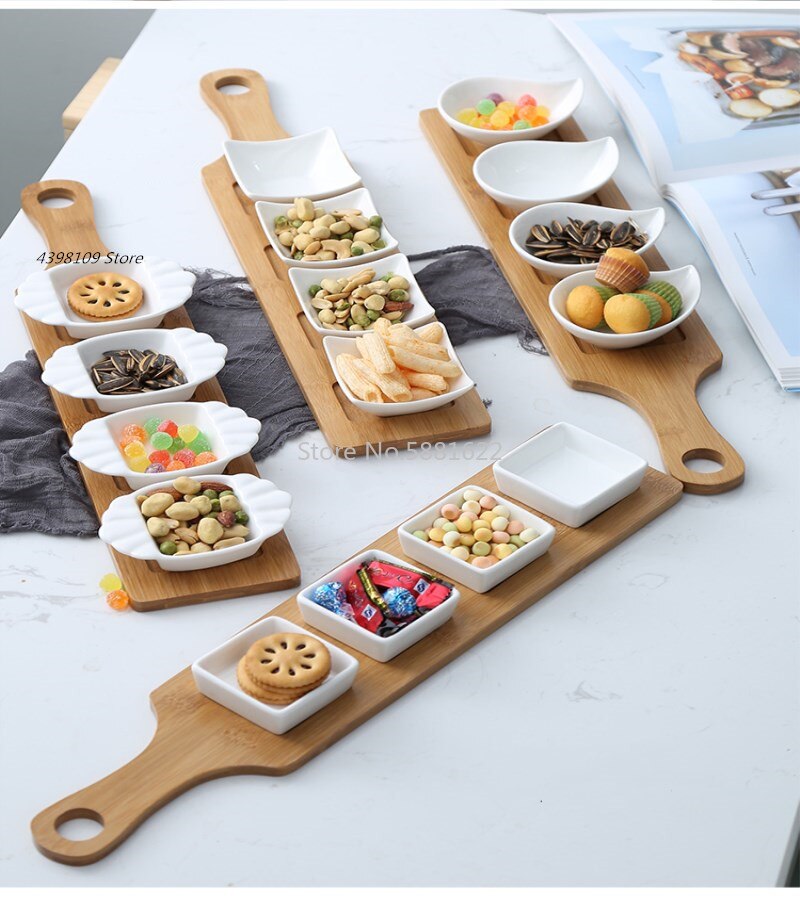 Bandeja de cerámica de estilo japonés para fruta, vajilla creativa de bambú Natural para aperitivos, frutos secos, postres y salsa