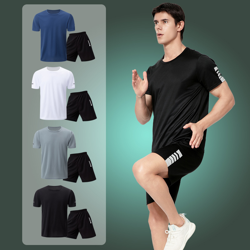 Costume d'été 2/6 pièces pour hommes, couleur unie, séchage rapide, sport de Fitness pour jeunes, respirant, manches courtes, décontracté, Joker, Short noir
