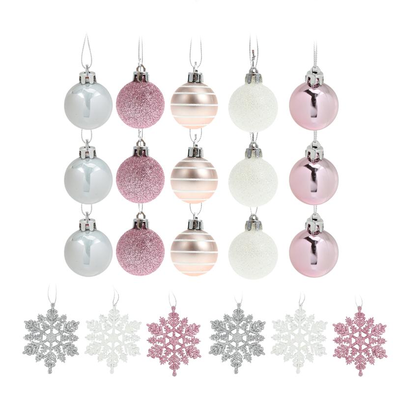 24Pcs Zilver Roze Sneeuwvlok Vormige Set Kerstversiering Bal Sneeuwvlok Hanger Set Sneeuwvlok Ornament