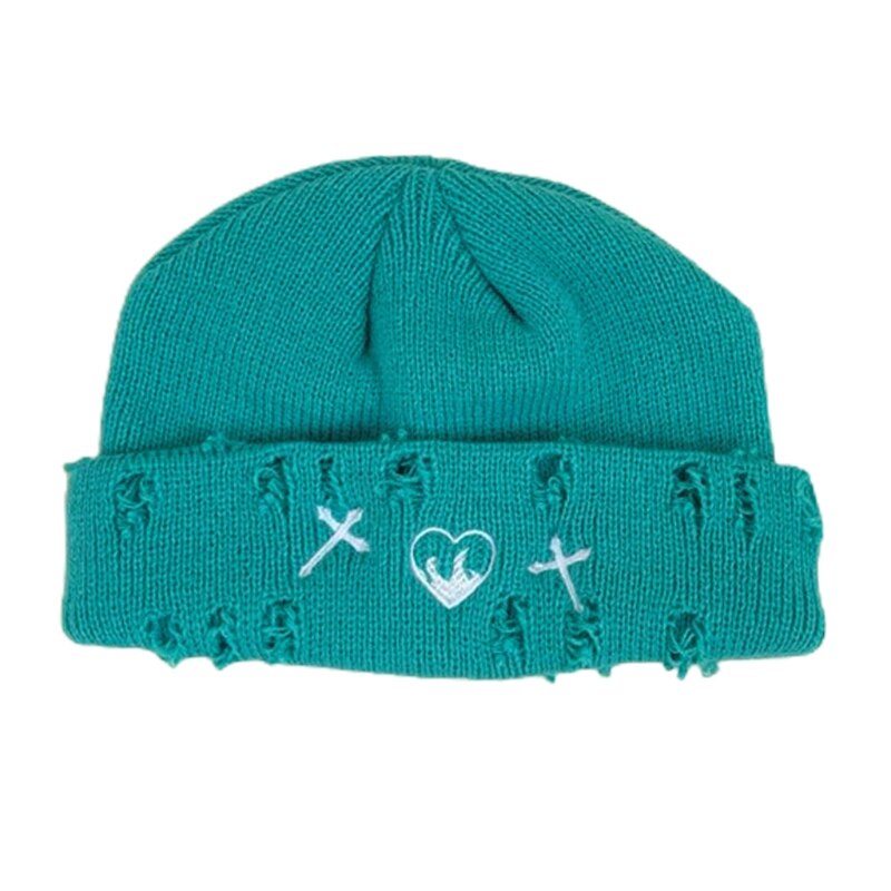Gorro de lana de punto Flexible con agujeros rotos, cálido, diario, invierno salvaje: Lake blue