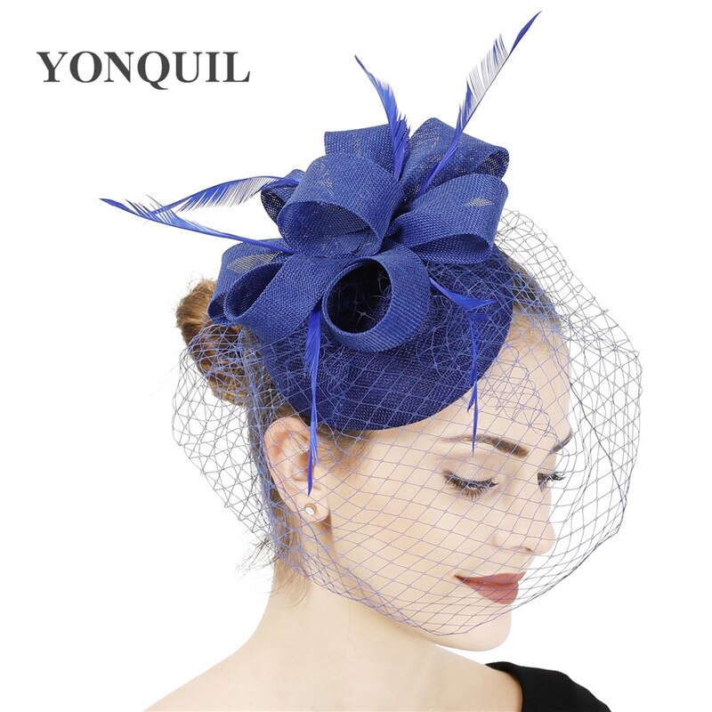 Bruid Bruiloft Witte Hoofddeksel Elegante Dames Mariage Mesh Tovenaar Hoed Fancy Veils Chapeau Cap Mode Kerk Hoofddeksels Womens: Blauw