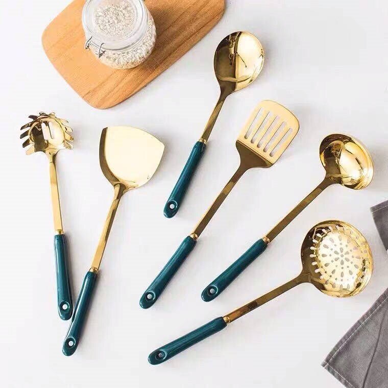 Multifunktionel køkkenværktøj 7 stk/sæt med holder keramik håndtag rustfrit stål suppe ske spatel køkkenredskaber sæt