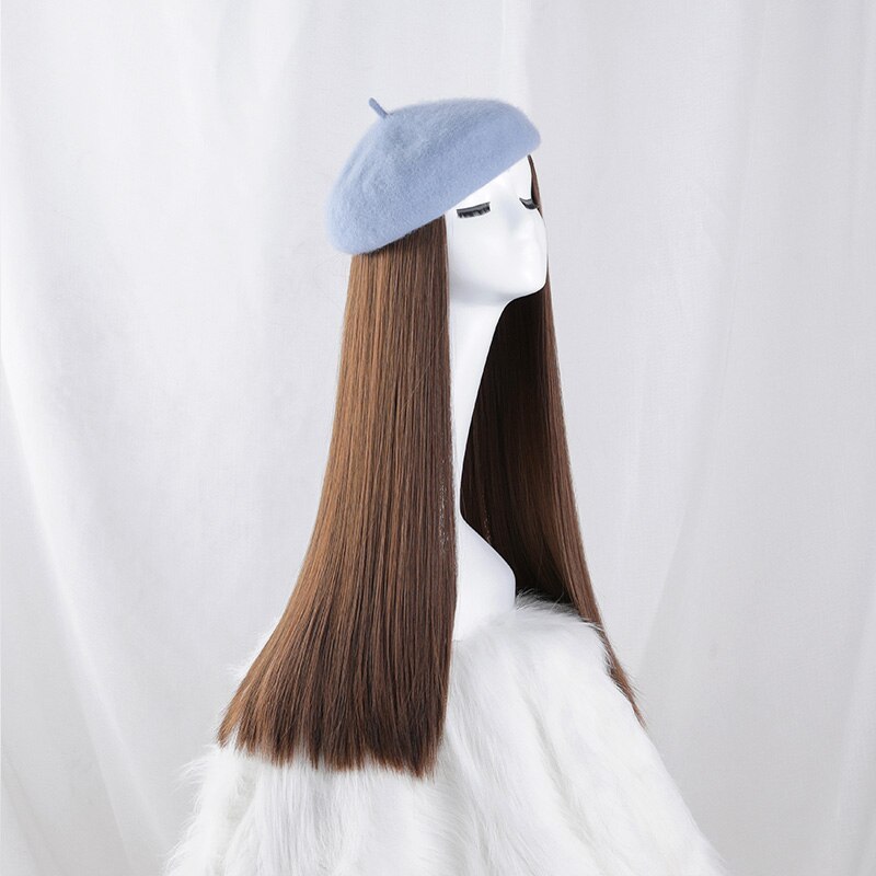 Boina de peluca sin pegamento, pelo liso clásico, Boina de pelo corto, Boina con volante grande, boina, peluca, gorro