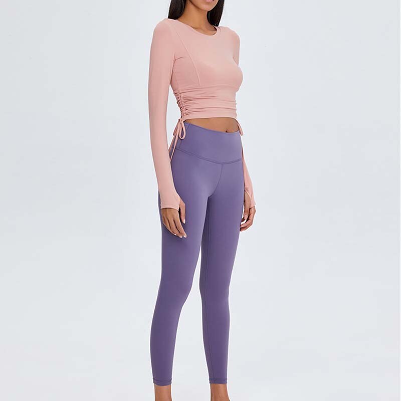 Top de manga larga y cuello redondo para mujer, Tops cortos con cordones en la cintura, ropa de gimnasio de realce para correr, ropa deportiva de entrenamiento, blusa de Yoga elástica para Fitness