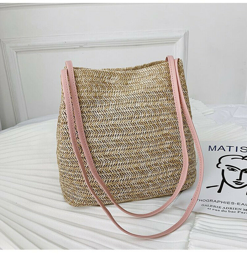 Women Crossbody Shoulder Bag Knitted Straw Messenger Satchel Handbag Bucket Bag: Pink