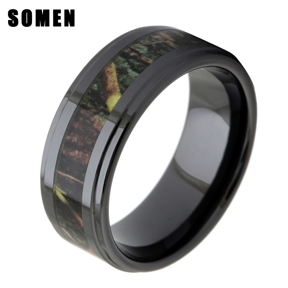 Bague de mariage en céramique noire pour hommes, incrustation de camouflage en bois zèbre véritable, bijoux à la , 8MM