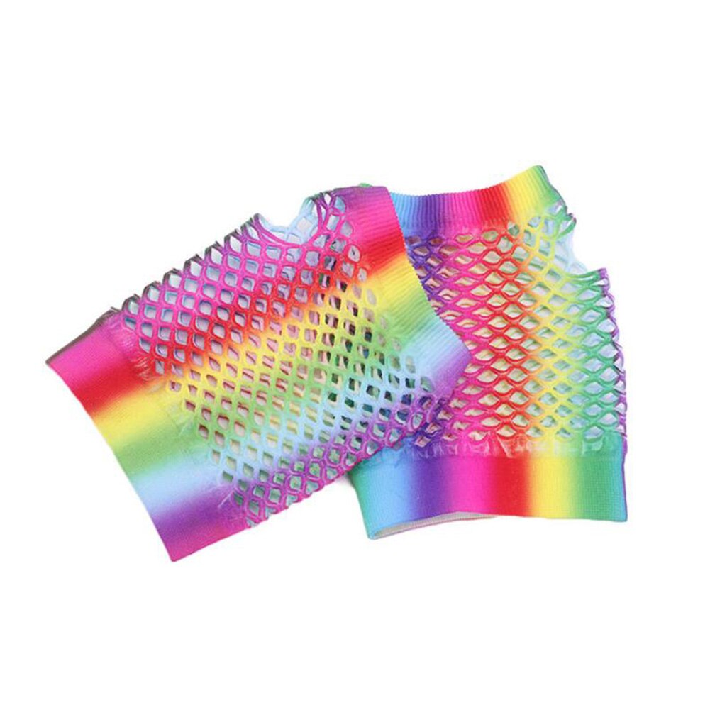 Neue Damen sexy Regenbogen Farbe Gittergewebe Netz Fischnetz Handschuhe Aushöhlen Löcher Finger Handschuhe Dame Disko tanzen Kostüm Halbe Handschuhe: Regenbogen Farbe