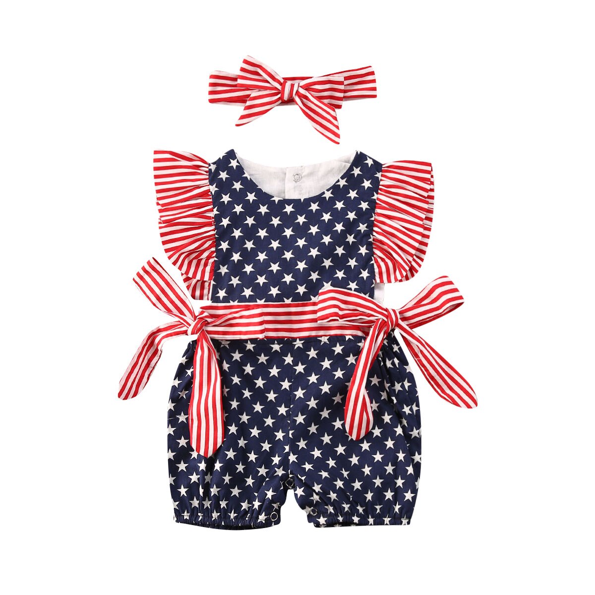 Independence Day Little Baby Girls Boys Bodysuits Star Striped Print Ruffles Bow Toddler Infant Jumpsuit With Headband 2pcs Suit: 6M