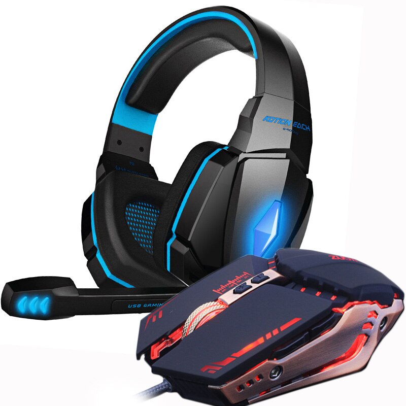 Gaming Headset Stereo Gamer Hoofdtelefoon Met Microfoon Oortelefoon + Gaming Muis 4000 Dpi Verstelbare Gamer Muizen Wired Usb Voor Pc: G4000 BLUE MMR5
