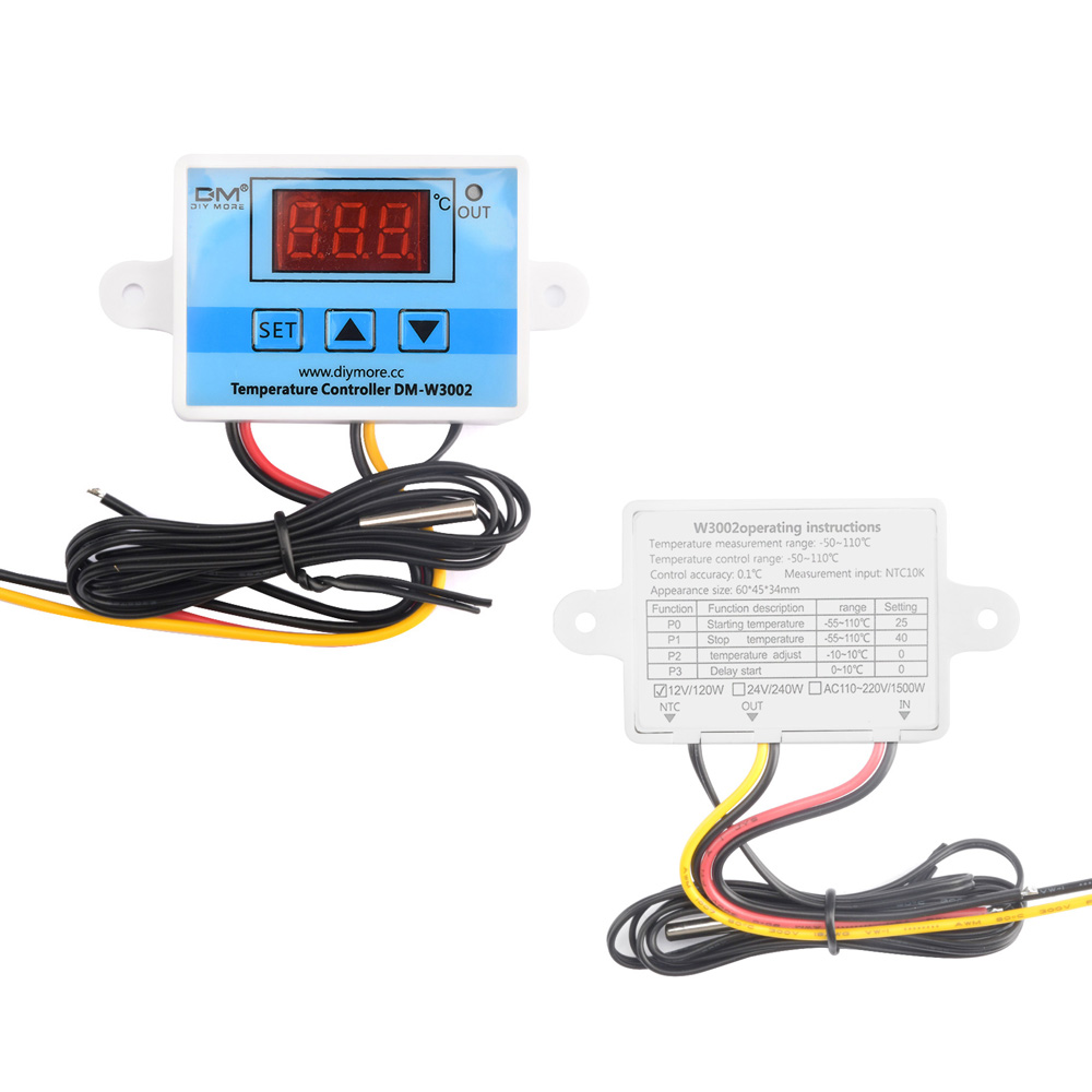 DM-W3002 XH-W3002 Digital LED Temperature Controller DC 12V 24V AC 110V-220V 10A Thermostat Control Switch With Probe Sensor: Red