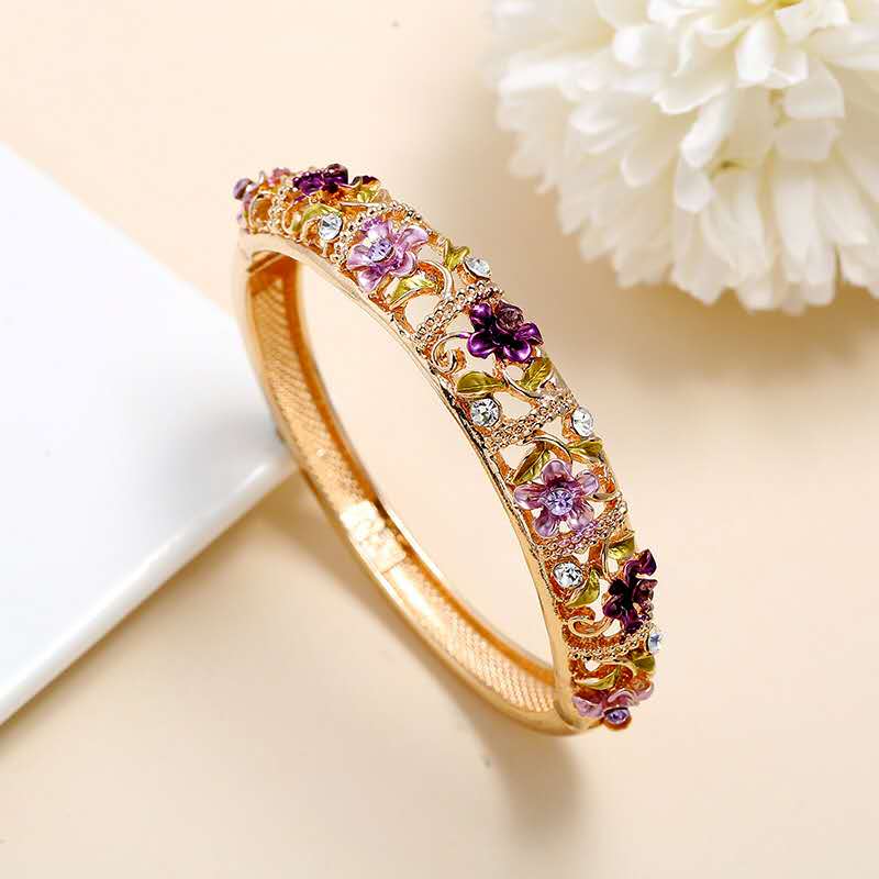 Palácio vintage pulseira feminina pintado à mão delicado abertura oco flor pulseira acessórios