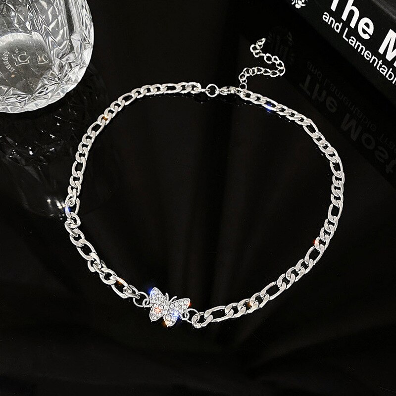 Korean Jewelry Necklace Statement Necklace Stainless Steel Chain Rhinestone Butterfly Clavicle Chain Necklace Women