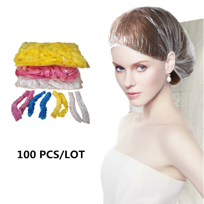 Bonnet de bain élastique jetable, 100 pièces/lot, épais, pour hôtel, bonnet de douche, transparent, produits pour Salon de coiffure