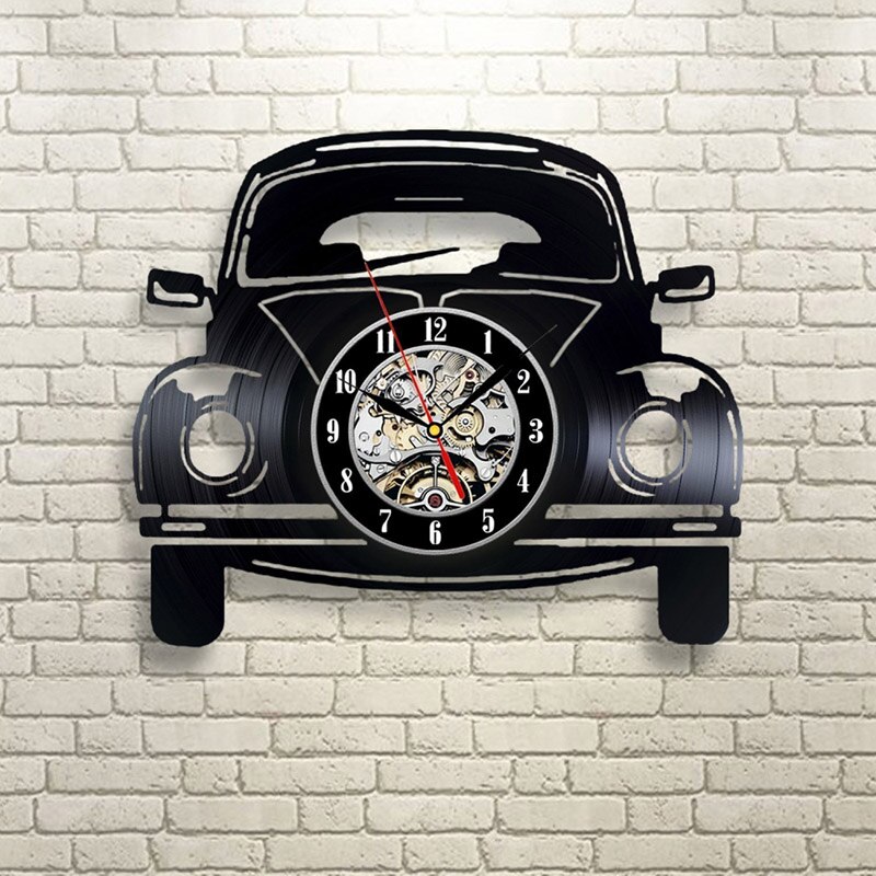Reloj de disco de vinilo con forma de coche, creativa, estilo antiguo, decoración clásica de hogar, reloj de pared LED: NO LED